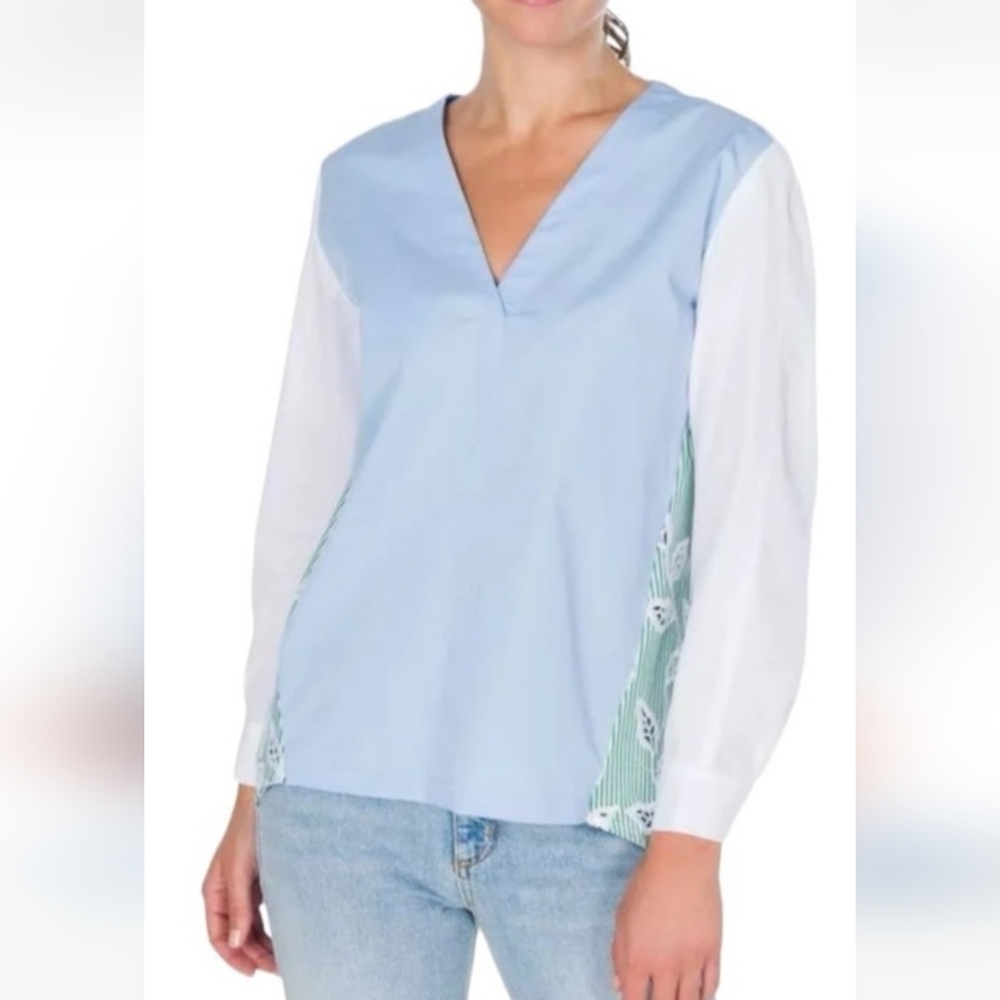 Sandro Aria Blue and White Green V-Neck Relaxed Blouse. Size S. Scandi Girl